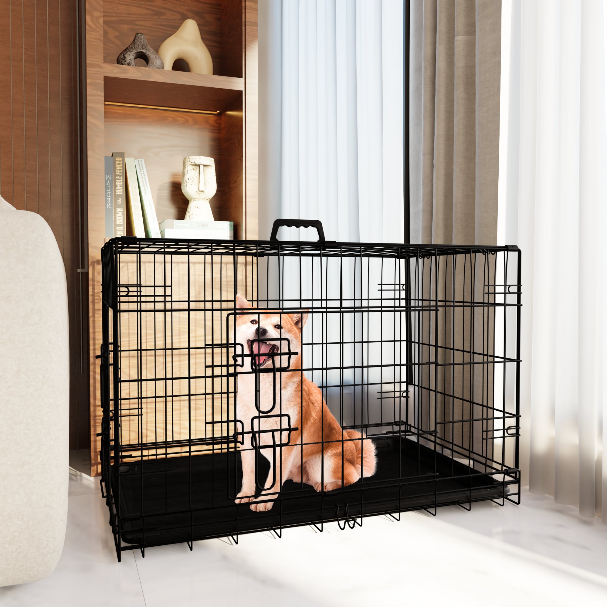Dog Crate, 36 Inch Medium Dog Cage With Divider And Plastic Leak-Proof Pan Tray, Double Door Folding Metal Wire Cage For Indoor, Outdoor, And Travel, Made In Vietnam_voghion.com